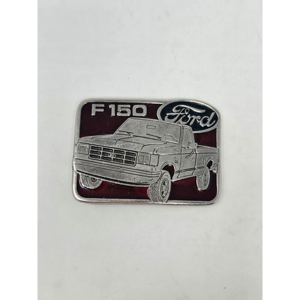 VINTAGE BELT BUCKLE FORD F-150 TRUCK SILVER RED GREEN RUGGED UTILITY MENSWEAR OS